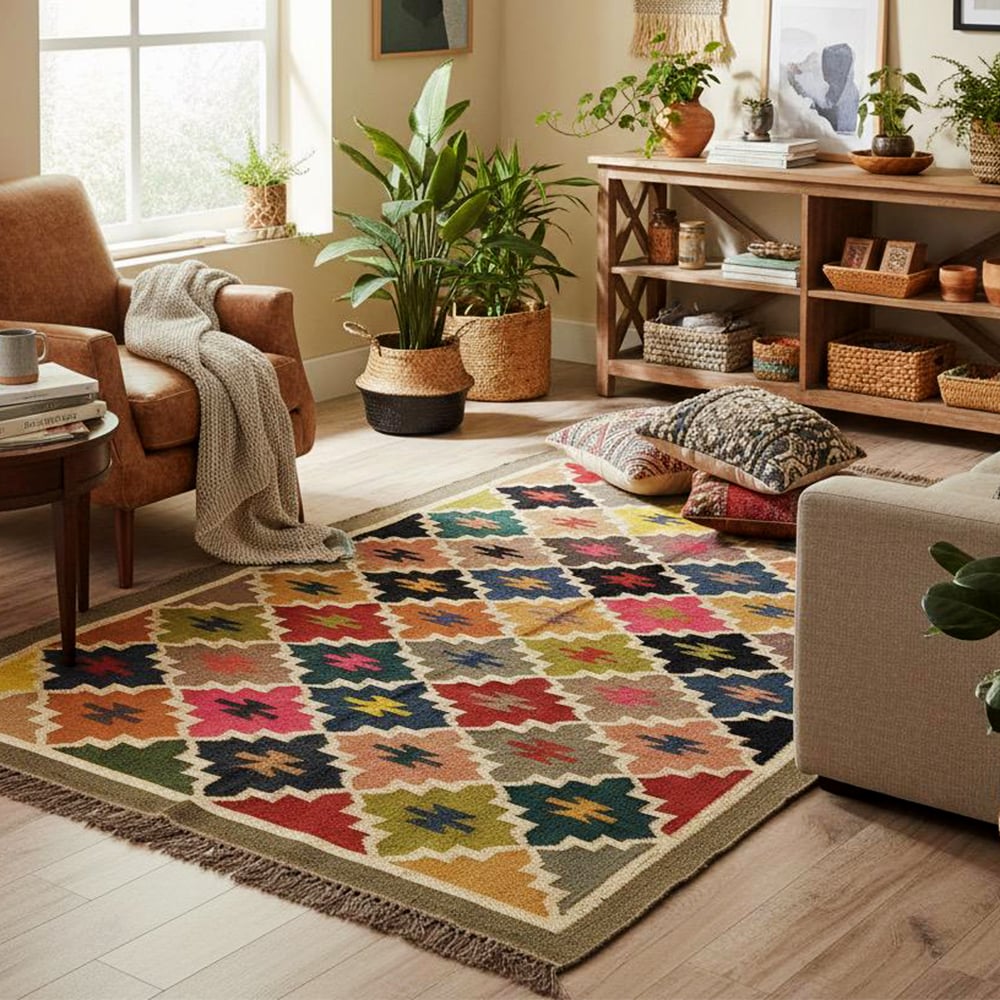 Multicolor Jute Handcrafted Vintage Dhurrie For Home